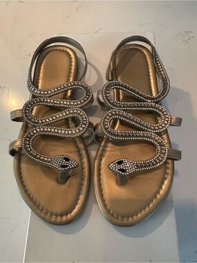 Rhinestone Snake-Accent Gold Sandals
